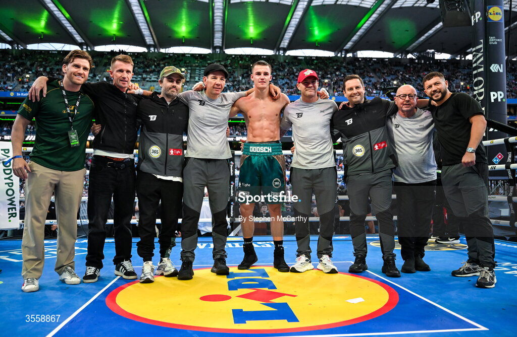 5 September 2026; Taylor Bevan, centre, celebrates with his team after being declared victorious in his super middleweight bout with Emmet Brennan at the Once Upon A Time fight night in Croke Park, Dublin. Photo by Stephen McCarthy/Sportsfile