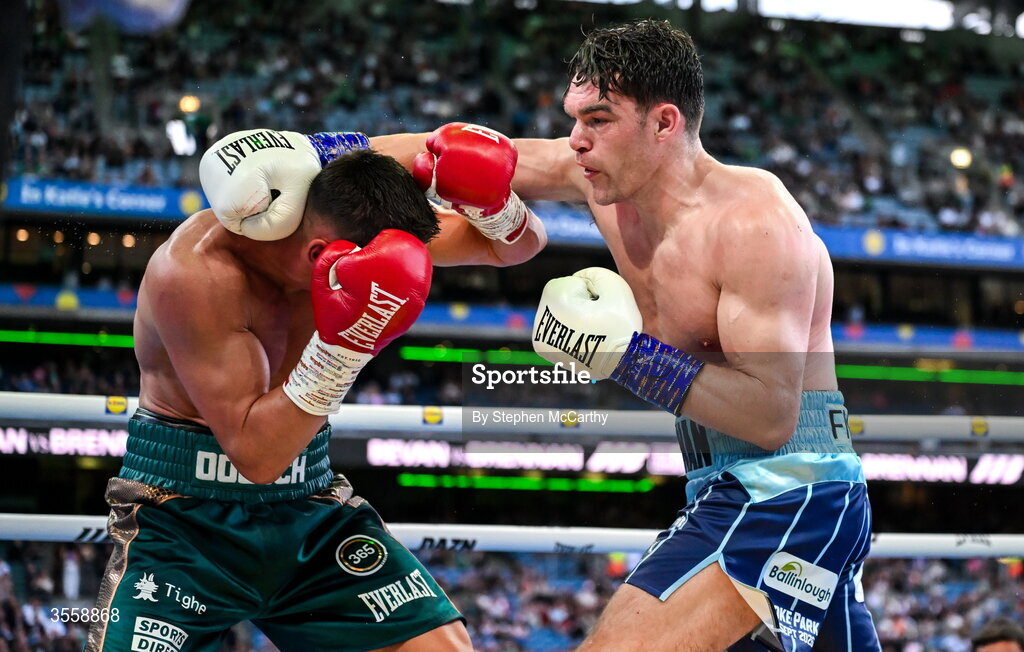 5 September 2026; Taylor Bevan, left, and Emmet Brennan during their super middleweight bout at the Once Upon A Time fight night in Croke Park, Dublin. Photo by Stephen McCarthy/Sportsfile