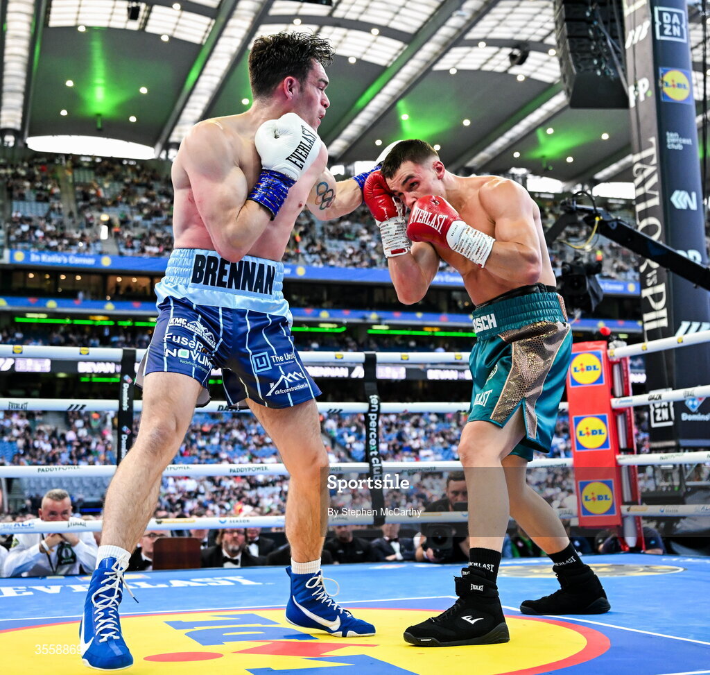 5 September 2026; Taylor Bevan, right, and Emmet Brennan during their super middleweight bout at the Once Upon A Time fight night in Croke Park, Dublin. Photo by Stephen McCarthy/Sportsfile