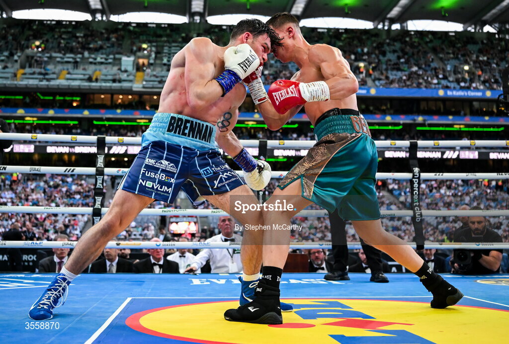 5 September 2026; Taylor Bevan, right, and Emmet Brennan during their super middleweight bout at the Once Upon A Time fight night in Croke Park, Dublin. Photo by Stephen McCarthy/Sportsfile
