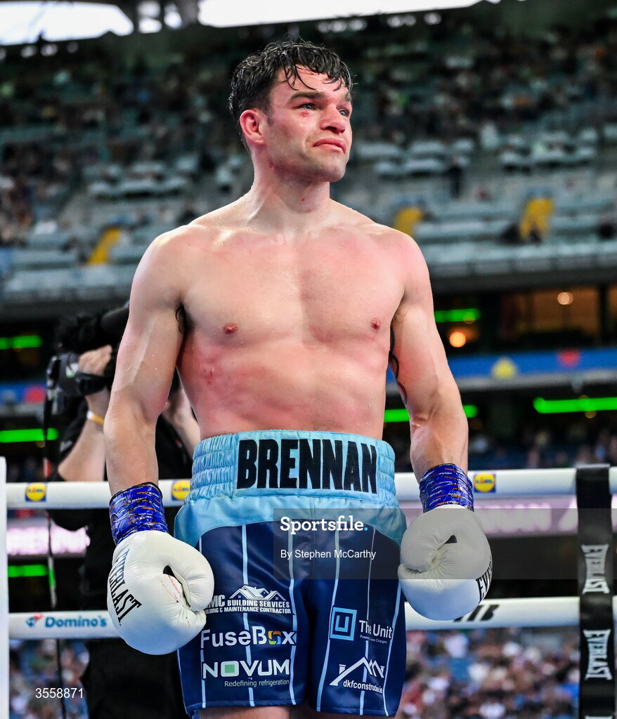5 September 2026; Emmet Brennan during his super middleweight bout with Taylor Bevan at the Once Upon A Time fight night in Croke Park, Dublin. Photo by Stephen McCarthy/Sportsfile