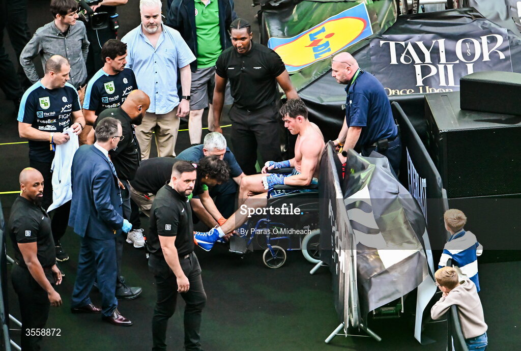5 September 2026; Emmet Brennan after defeat to Taylor Bevan during their super middleweight bout at the Once Upon A Time fight night in Croke Park, Dublin. Photo by Piaras Ó Mídheach/Sportsfile