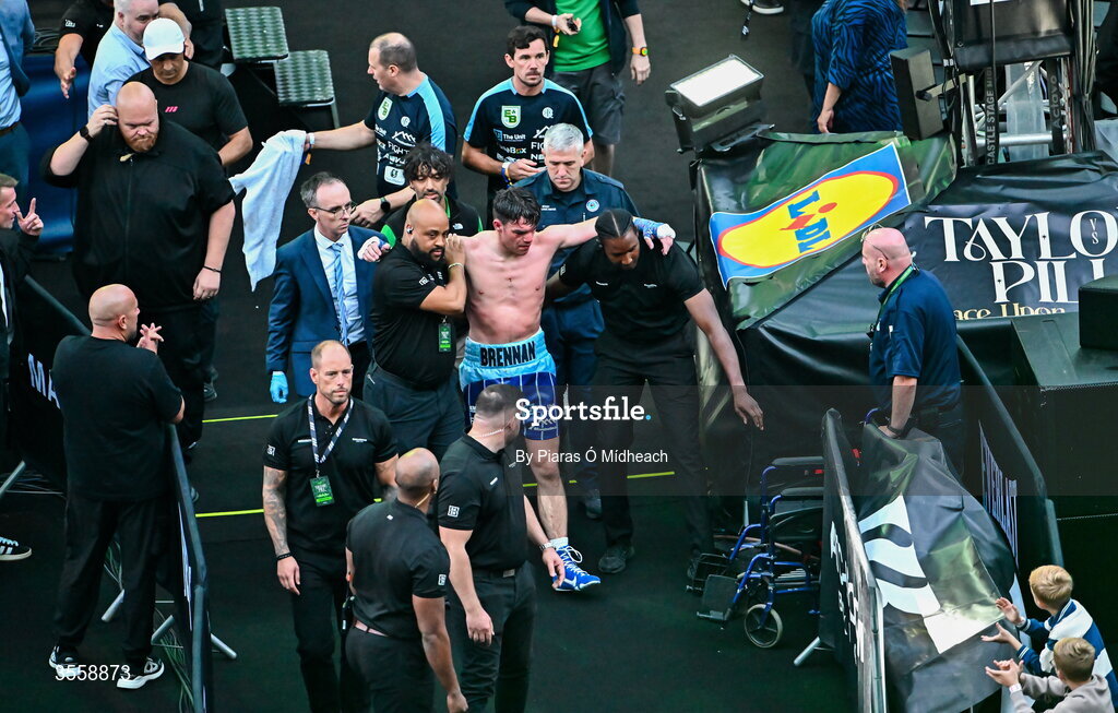 5 September 2026; Emmet Brennan after defeat to Taylor Bevan during their super middleweight bout at the Once Upon A Time fight night in Croke Park, Dublin. Photo by Piaras Ó Mídheach/Sportsfile
