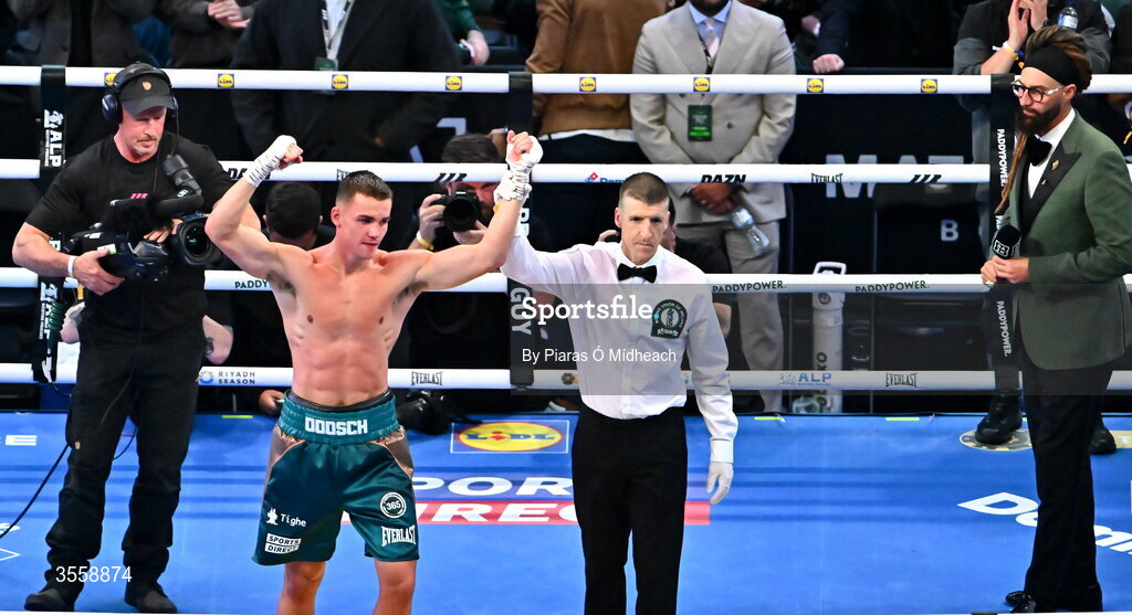 5 September 2026; Taylor Bevan celebrates victory over Emmet Brennan in their super middleweight bout at the Once Upon A Time fight night in Croke Park, Dublin. Photo by Piaras Ó Mídheach/Sportsfile