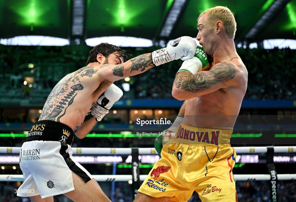 5 September 2026; Paddy Donovan, right, and Tyrone McKenna during their welterweight bout at the Once Upon A Time fight night in Croke Park, Dublin. Photo by Stephen McCarthy/Sportsfile