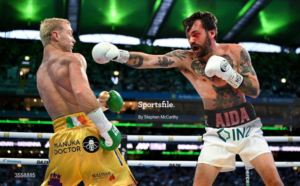 5 September 2026; Tyrone McKenna, right, and Paddy Donovan during their welterweight bout at the Once Upon A Time fight night in Croke Park, Dublin. Photo by Stephen McCarthy/Sportsfile