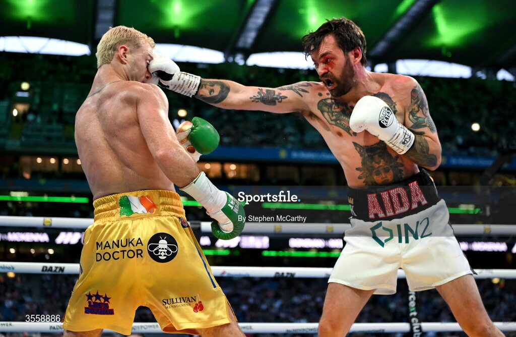 5 September 2026; Tyrone McKenna, right, and Paddy Donovan during their welterweight bout at the Once Upon A Time fight night in Croke Park, Dublin. Photo by Stephen McCarthy/Sportsfile