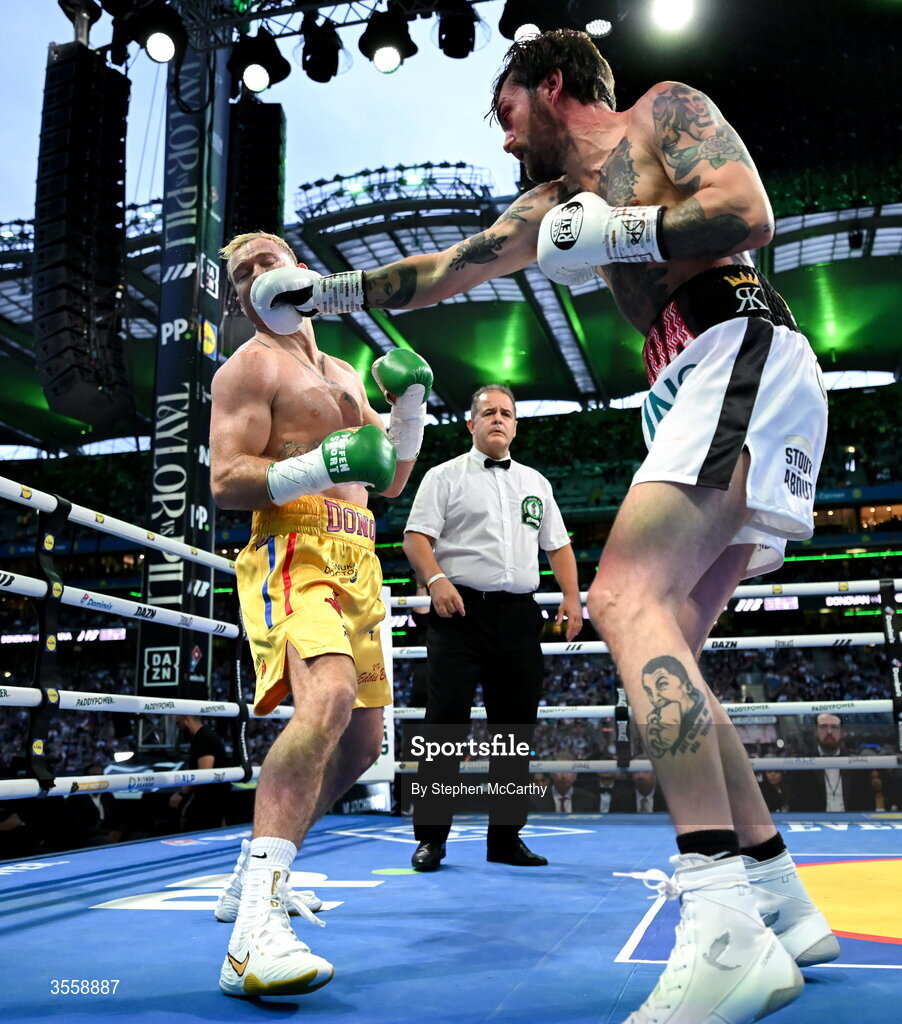 5 September 2026; Paddy Donovan, left, and Tyrone McKenna during their welterweight bout at the Once Upon A Time fight night in Croke Park, Dublin. Photo by Stephen McCarthy/Sportsfile