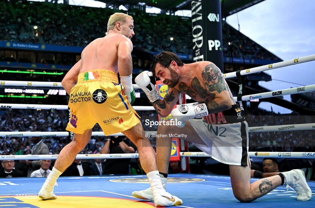 5 September 2026; Paddy Donovan, left, and Tyrone McKenna during their welterweight bout at the Once Upon A Time fight night in Croke Park, Dublin. Photo by Stephen McCarthy/Sportsfile
