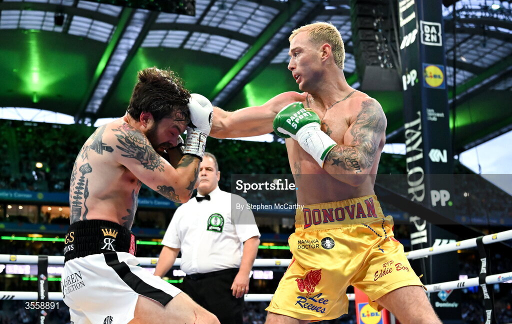 5 September 2026; Paddy Donovan, right, and Tyrone McKenna during their welterweight bout at the Once Upon A Time fight night in Croke Park, Dublin. Photo by Stephen McCarthy/Sportsfile