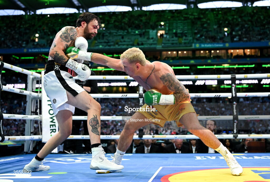 5 September 2026; Paddy Donovan, right, and Tyrone McKenna during their welterweight bout at the Once Upon A Time fight night in Croke Park, Dublin. Photo by Stephen McCarthy/Sportsfile
