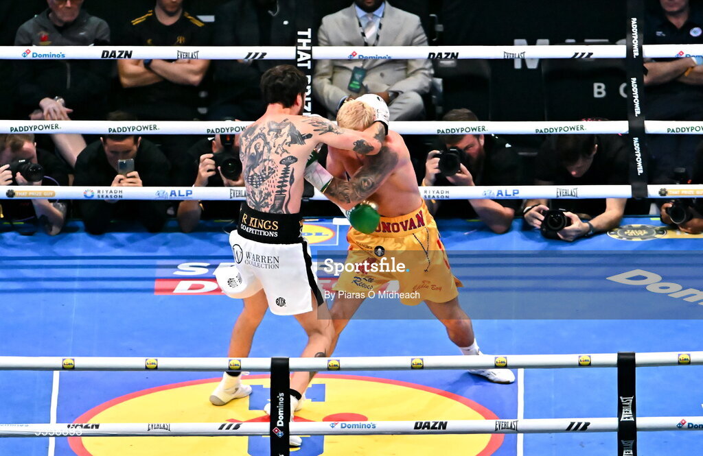 5 September 2026; Paddy Donovan, right, and Tyrone McKenna during their welterweight bout at the Once Upon A Time fight night in Croke Park, Dublin. Photo by Piaras Ó Mídheach/Sportsfile
