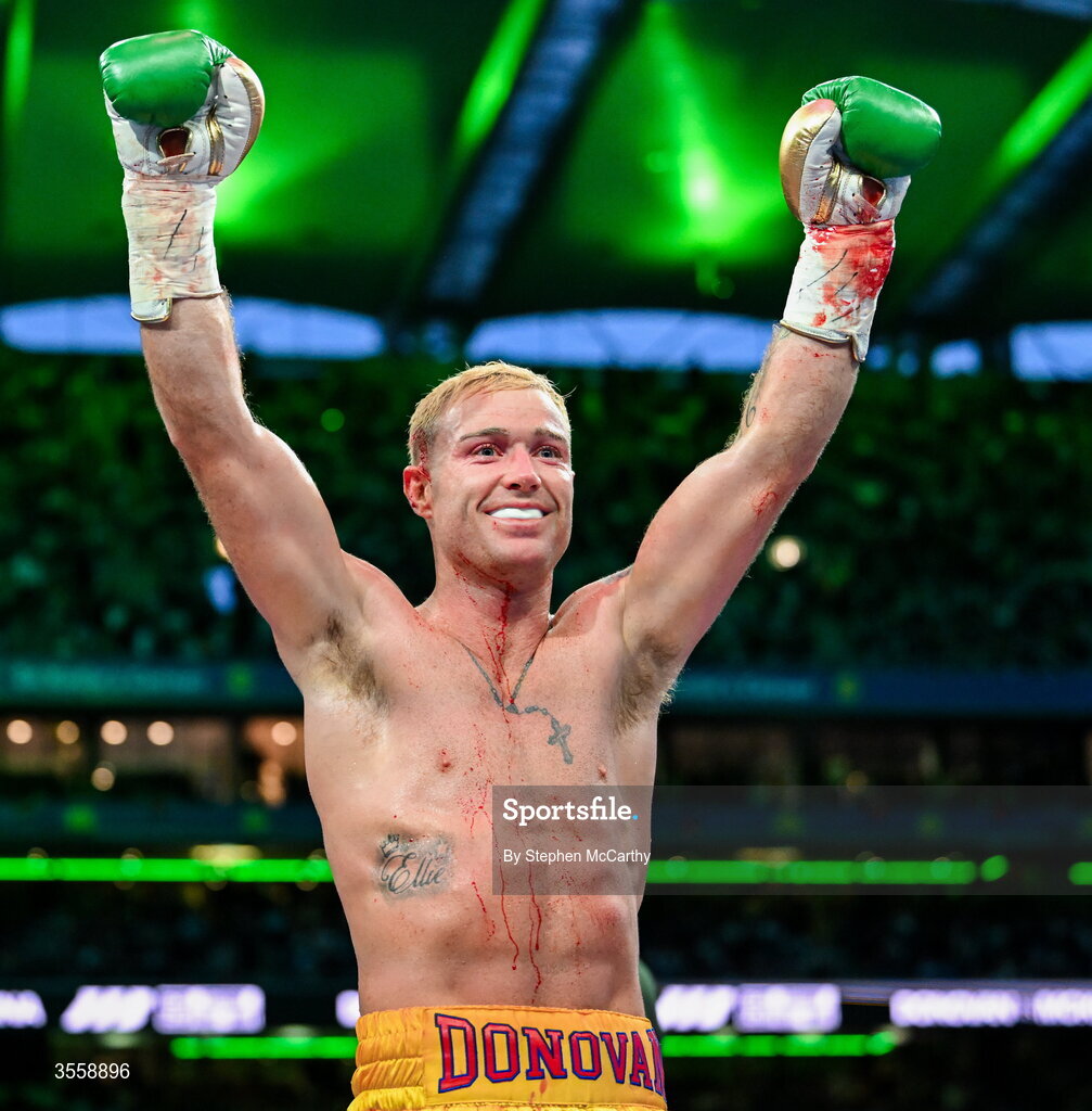 5 September 2026; Paddy Donovan celebrates after winning his welterweight bout against Tyrone McKenna at the Once Upon A Time fight night in Croke Park, Dublin. Photo by Stephen McCarthy/Sportsfile