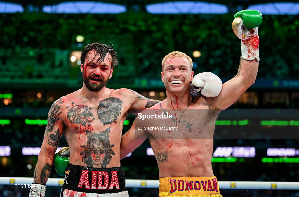 5 September 2026; Winner Paddy Donovan, right, with Tyrone McKenna after their welterweight bout at the Once Upon A Time fight night in Croke Park, Dublin. Photo by Stephen McCarthy/Sportsfile