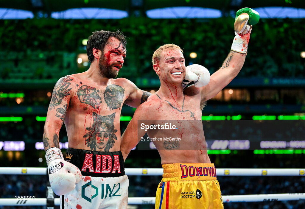 5 September 2026; Winner Paddy Donovan, right, with Tyrone McKenna after their welterweight bout at the Once Upon A Time fight night in Croke Park, Dublin. Photo by Stephen McCarthy/Sportsfile
