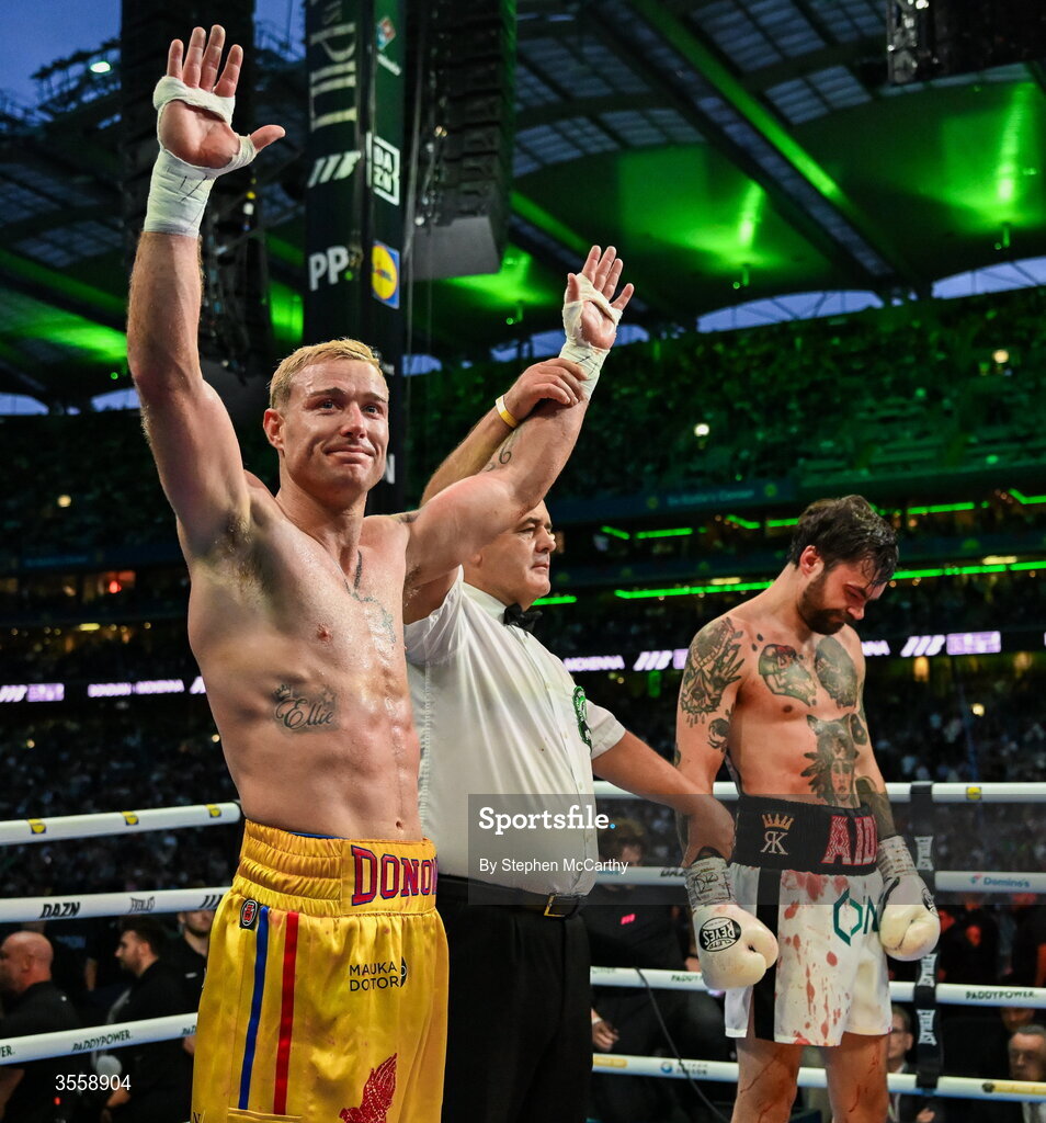5 September 2026; Paddy Donovan celebrates after being declared victorious in his welterweight bout with Tyrone McKenna at the Once Upon A Time fight night in Croke Park, Dublin. Photo by Stephen McCarthy/Sportsfile