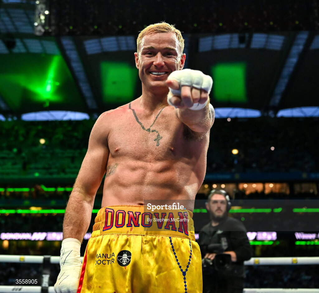 5 September 2026; Paddy Donovan celebrates after being declared victorious in his welterweight bout with Tyrone McKenna at the Once Upon A Time fight night in Croke Park, Dublin. Photo by Stephen McCarthy/Sportsfile