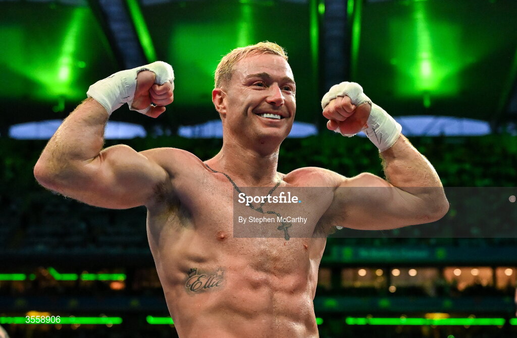 5 September 2026; Paddy Donovan celebrates after being declared victorious in his welterweight bout with Tyrone McKenna at the Once Upon A Time fight night in Croke Park, Dublin. Photo by Stephen McCarthy/Sportsfile