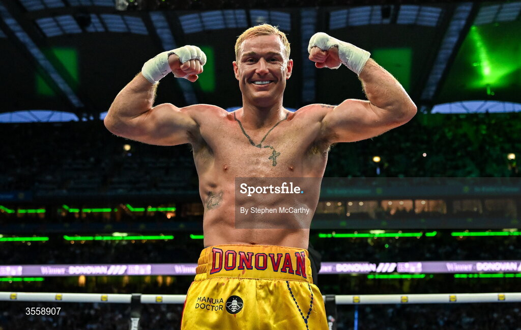 5 September 2026; Paddy Donovan celebrates after being declared victorious in his welterweight bout with Tyrone McKenna at the Once Upon A Time fight night in Croke Park, Dublin. Photo by Stephen McCarthy/Sportsfile