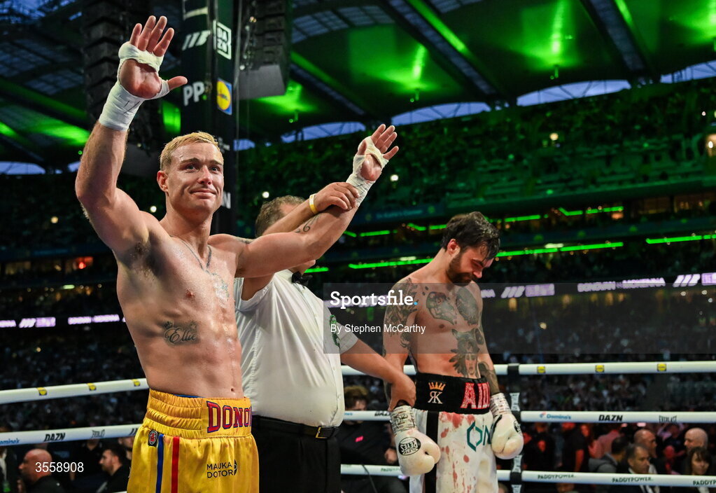 5 September 2026; Paddy Donovan celebrates after being declared victorious in his welterweight bout with Tyrone McKenna at the Once Upon A Time fight night in Croke Park, Dublin. Photo by Stephen McCarthy/Sportsfile