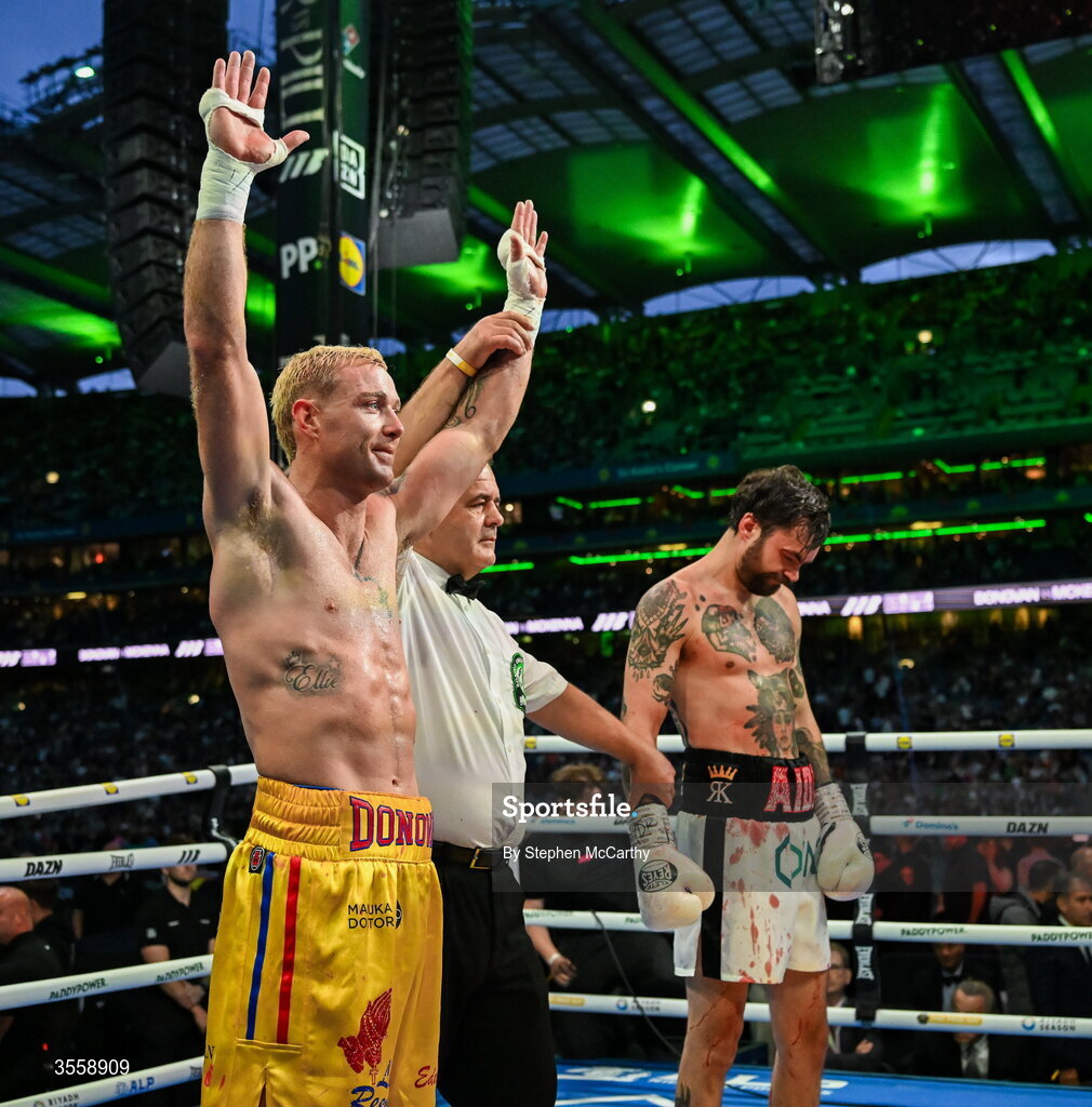 5 September 2026; Paddy Donovan celebrates after being declared victorious in his welterweight bout with Tyrone McKenna at the Once Upon A Time fight night in Croke Park, Dublin. Photo by Stephen McCarthy/Sportsfile