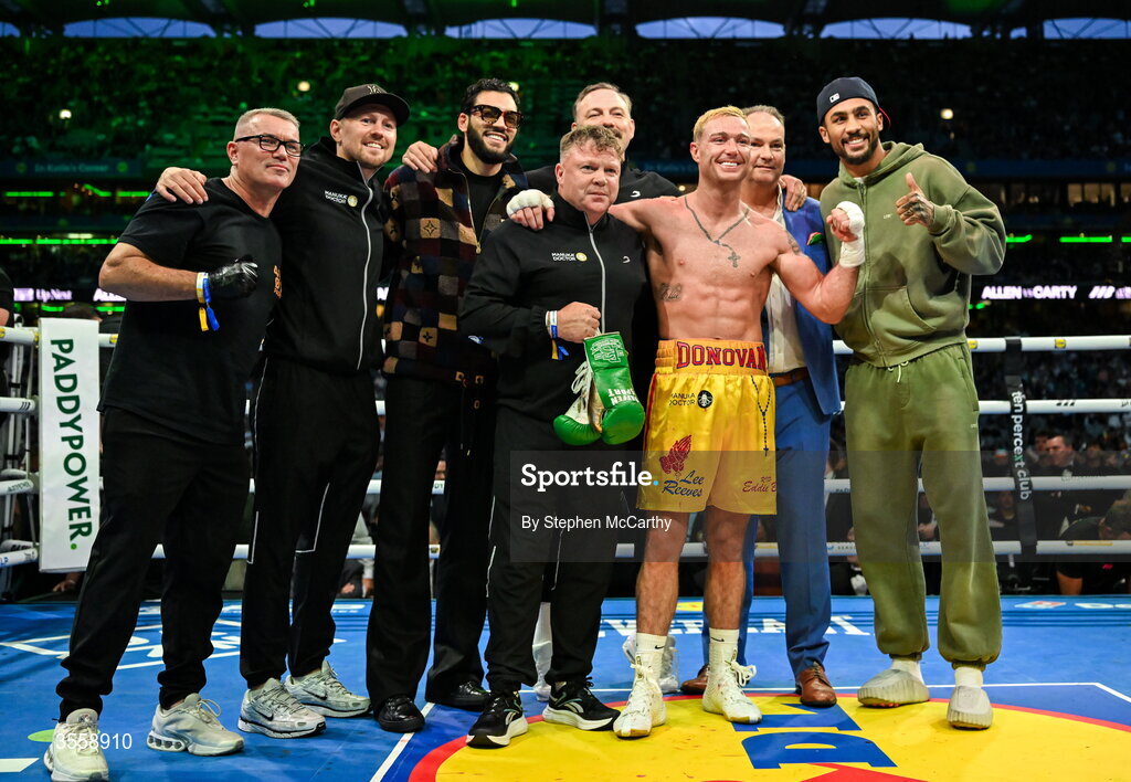 5 September 2026; Paddy Donovan, third from right, celebrates with his team after being declared victorious in his welterweight bout with Tyrone McKenna at the Once Upon A Time fight night in Croke Park, Dublin. Photo by Stephen McCarthy/Sportsfile
