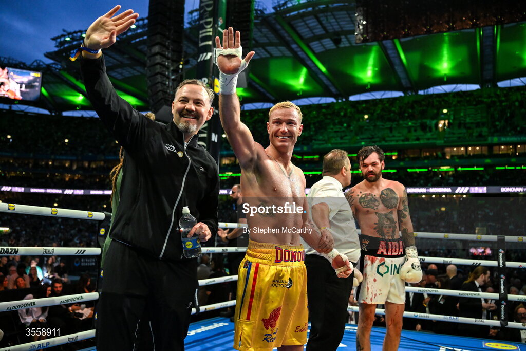 5 September 2026; Paddy Donovan celebrates after being declared victorious in his welterweight bout with Tyrone McKenna at the Once Upon A Time fight night in Croke Park, Dublin. Photo by Stephen McCarthy/Sportsfile