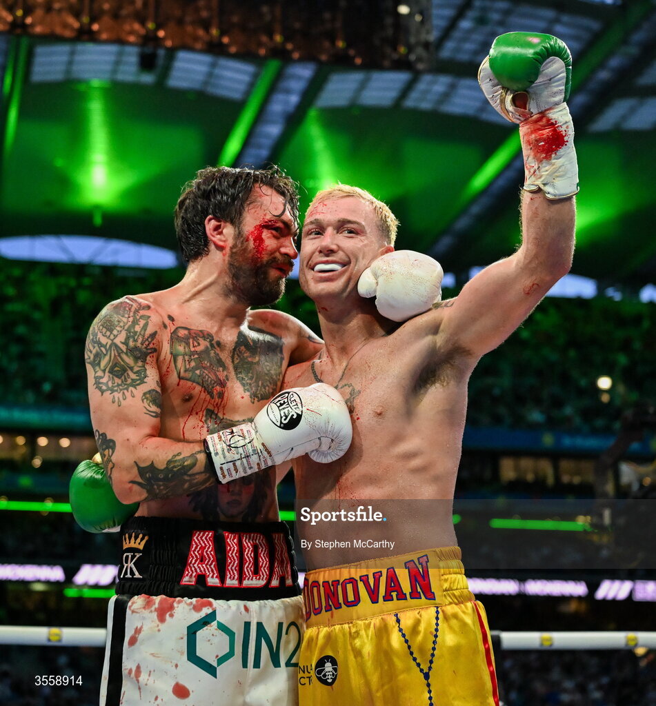 5 September 2026; Winner Paddy Donovan, right, with Tyrone McKenna after their welterweight bout at the Once Upon A Time fight night in Croke Park, Dublin. Photo by Stephen McCarthy/Sportsfile
