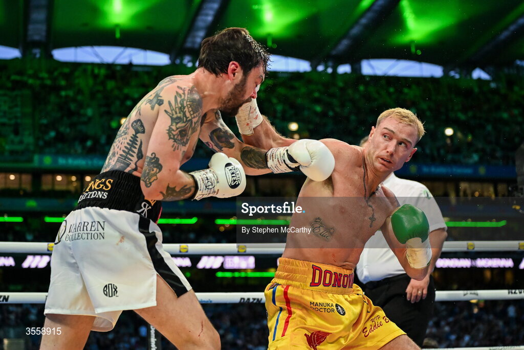 5 September 2026; Paddy Donovan, right, and Tyrone McKenna during their welterweight bout at the Once Upon A Time fight night in Croke Park, Dublin. Photo by Stephen McCarthy/Sportsfile