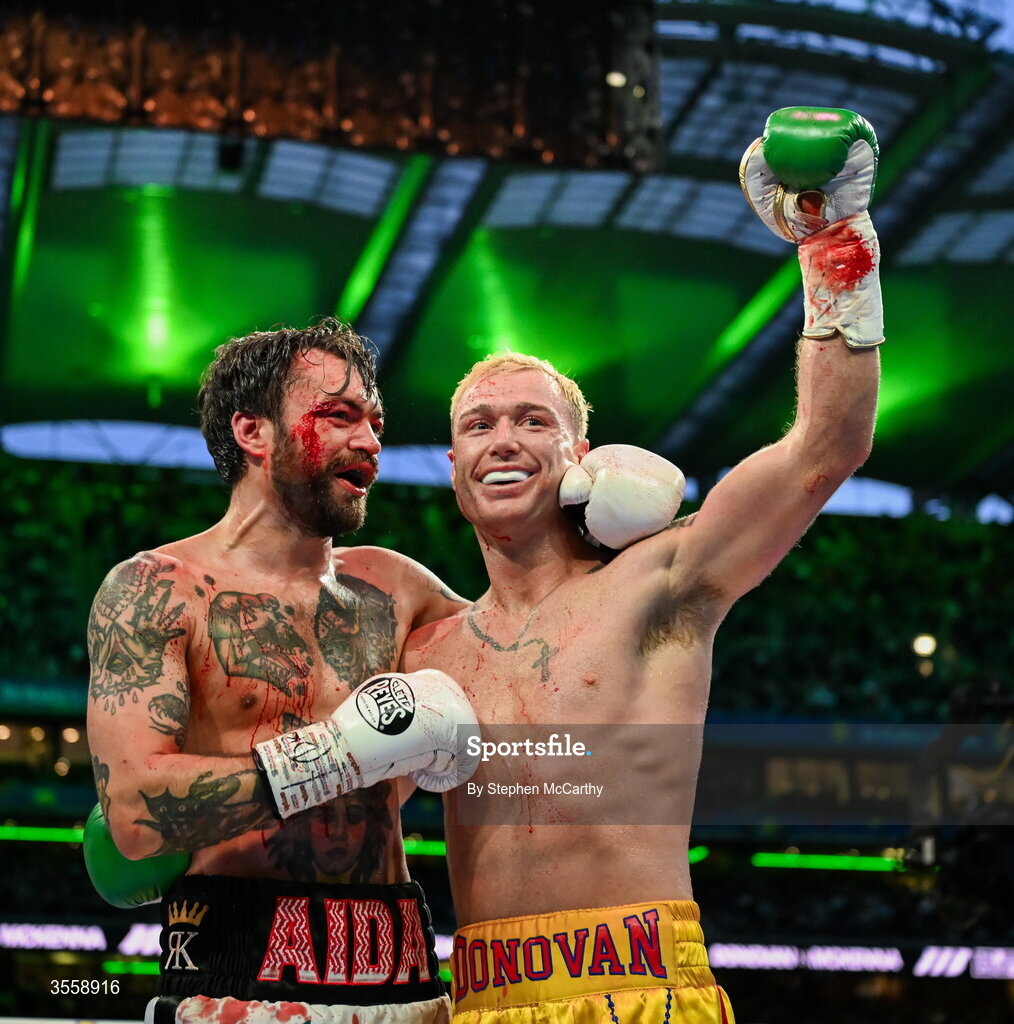 5 September 2026; Winner Paddy Donovan, right, with Tyrone McKenna after their welterweight bout at the Once Upon A Time fight night in Croke Park, Dublin. Photo by Stephen McCarthy/Sportsfile