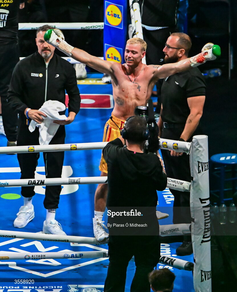 5 September 2026; Paddy Donovan celebrates after being declaed victorious in his welterweight bout with Tyrone McKenna at the Once Upon A Time fight night in Croke Park, Dublin. Photo by Piaras Ó Mídheach/Sportsfile