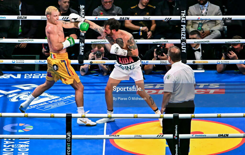 5 September 2026; Paddy Donovan, left, and Tyrone McKenna during their welterweight bout at the Once Upon A Time fight night in Croke Park, Dublin. Photo by Piaras Ó Mídheach/Sportsfile
