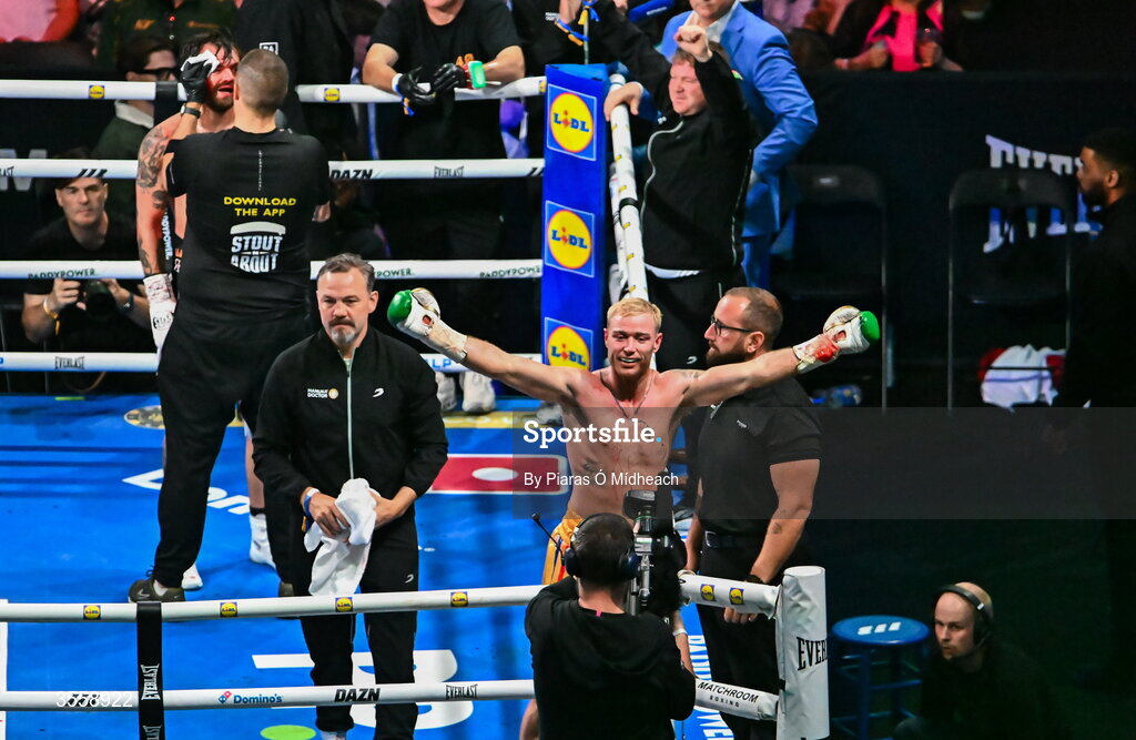 5 September 2026; Paddy Donovan celebrates after being declaed victorious in his welterweight bout with Tyrone McKenna at the Once Upon A Time fight night in Croke Park, Dublin. Photo by Piaras Ó Mídheach/Sportsfile