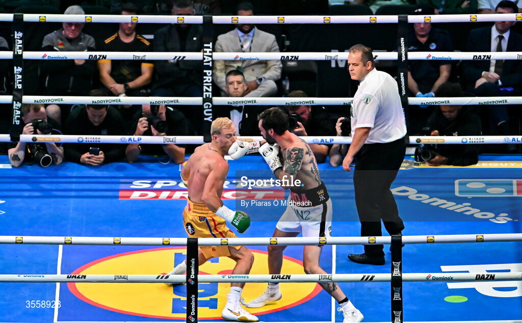 5 September 2026; Paddy Donovan, left, and Tyrone McKenna during their welterweight bout at the Once Upon A Time fight night in Croke Park, Dublin. Photo by Piaras Ó Mídheach/Sportsfile
