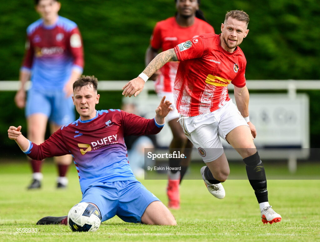 5 September 2026; Mark Byrne of Lucan United in action against Eoghan McDonagh of Mervue United during the FAI National League match between Lucan United and Mervue United at Copper Face Jacks Park in Dublin. Photo by Eakin Howard/Sportsfile