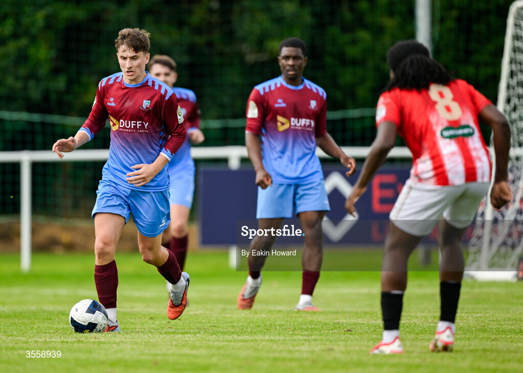 5 September 2026; Aaron Neary of Mervue United in action during the FAI National League match between Lucan United and Mervue United at Copper Face Jacks Park in Dublin. Photo by Eakin Howard/Sportsfile
