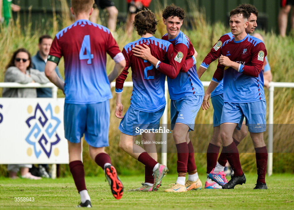 5 September 2026; Donnacha McNamara of Mervue United celebrates scoring the team's first goal with Luke O'Gorman during the FAI National League match between Lucan United and Mervue United at Copper Face Jacks Park in Dublin. Photo by Eakin Howard/Sportsfile