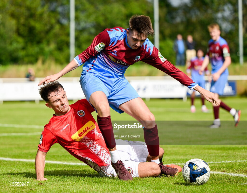 5 September 2026; Daniel Brennan of Mervue United in action against Taylor Mooney of Lucan United during the FAI National League match between Lucan United and Mervue United at Copper Face Jacks Park in Dublin. Photo by Eakin Howard/Sportsfile