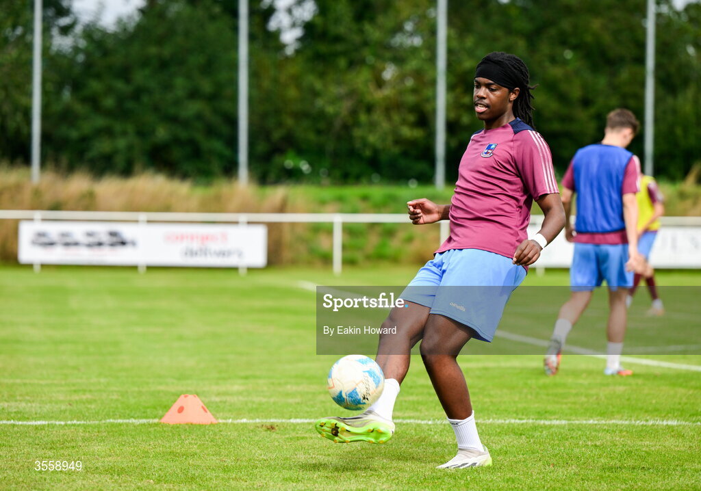 5 September 2026; Lewis Waweru of Mervue United warms up before the FAI National League match between Lucan United and Mervue United at Copper Face Jacks Park in Dublin. Photo by Eakin Howard/Sportsfile