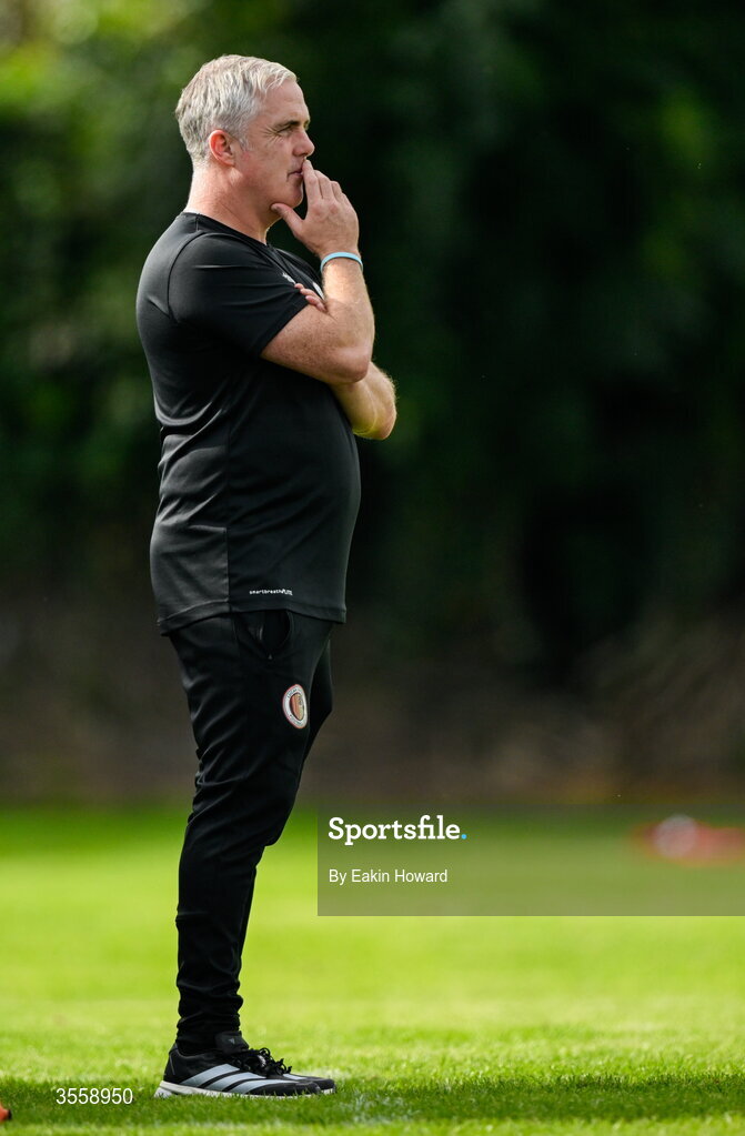 5 September 2026; Lucan United manager Darius Kierans watches the match during the FAI National League match between Lucan United and Mervue United at Copper Face Jacks Park in Dublin. Photo by Eakin Howard/Sportsfile