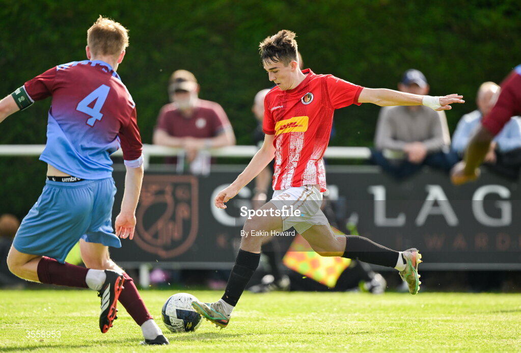 5 September 2026; Adam Deans of Lucan United in action against Liam Murray of Mervue United during the FAI National League match between Lucan United and Mervue United at Copper Face Jacks Park in Dublin. Photo by Eakin Howard/Sportsfile