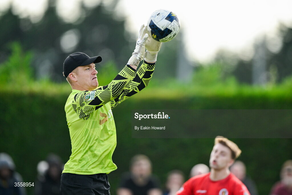 5 September 2026; Mervue United goalkeeper Peter Healy makes a save during the FAI National League match between Lucan United and Mervue United at Copper Face Jacks Park in Dublin. Photo by Eakin Howard/Sportsfile
