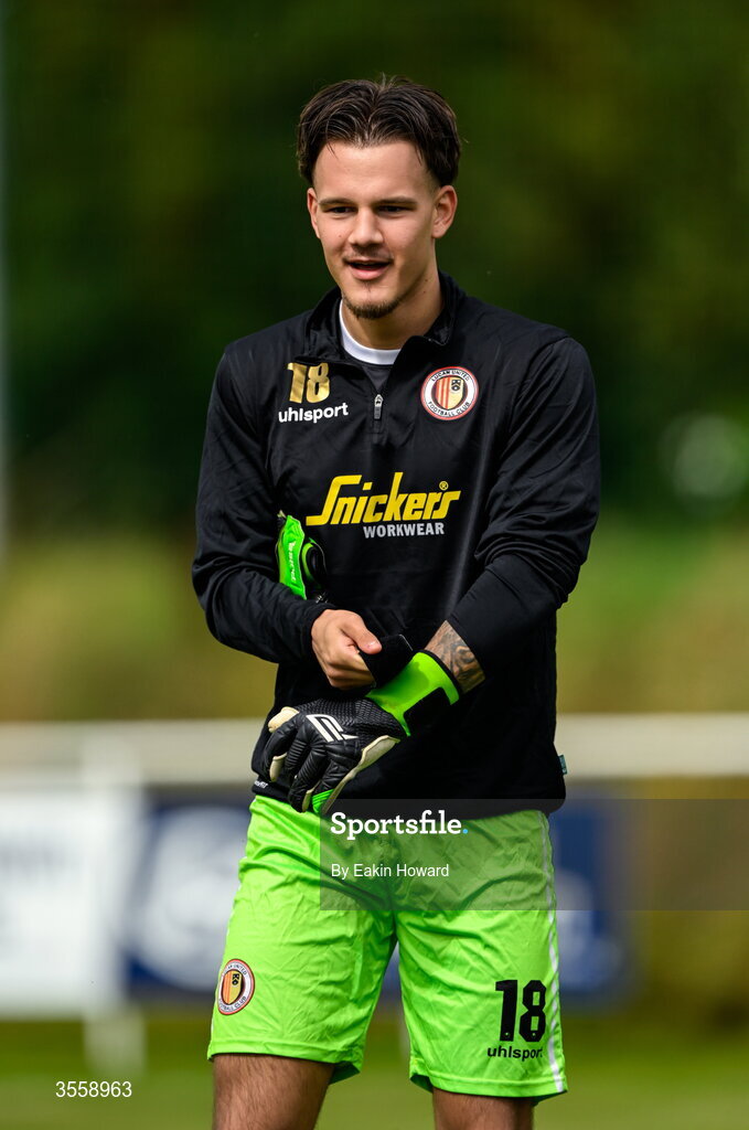 5 September 2026; Lucan United goalkeeper Edvinas Jakas warms up before the FAI National League match between Lucan United and Mervue United at Copper Face Jacks Park in Dublin. Photo by Eakin Howard/Sportsfile