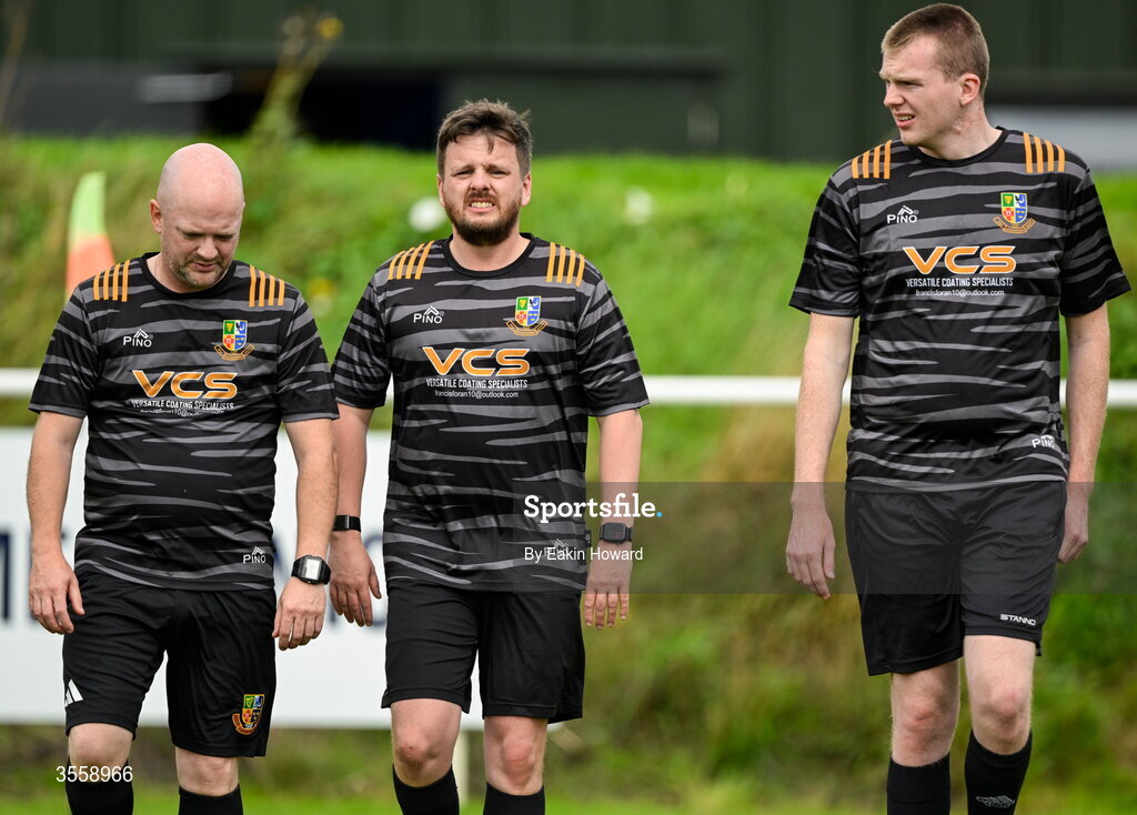 5 September 2026; Referee Eric Mccann, centre, and assistant referees Eric Owens and Conor Murphy stand near the pitch before the FAI National League match between Lucan United and Mervue United at Copper Face Jacks Park in Dublin. Photo by Eakin Howard/Sportsfile