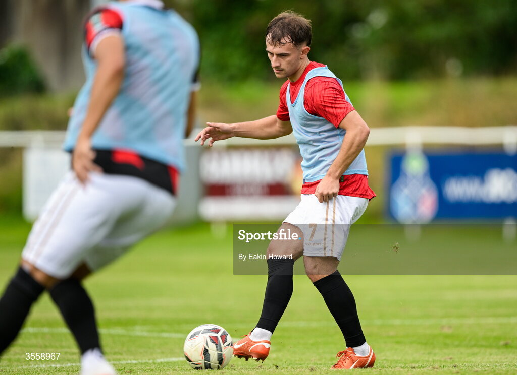 5 September 2026; Taylor Mooney of Lucan United warms up before the FAI National League match between Lucan United and Mervue United at Copper Face Jacks Park in Dublin. Photo by Eakin Howard/Sportsfile