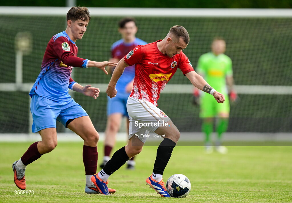 5 September 2026; Reece Weldon of Lucan United in action against Aaron Neary of Mervue United during the FAI National League match between Lucan United and Mervue United at Copper Face Jacks Park in Dublin. Photo by Eakin Howard/Sportsfile