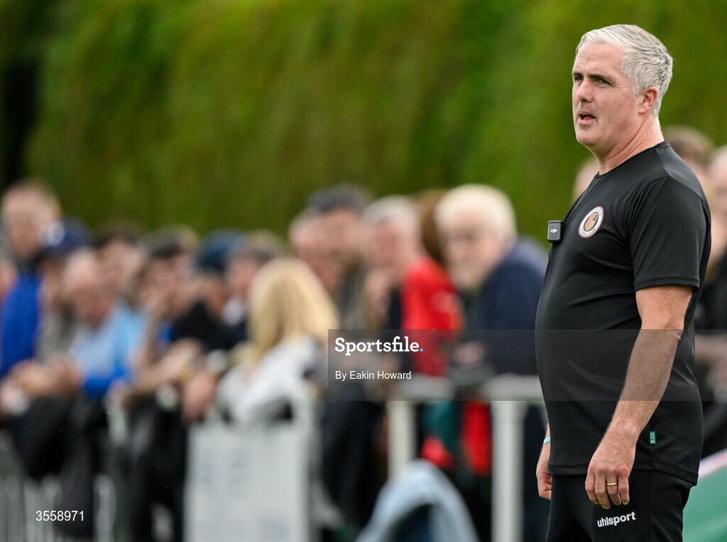5 September 2026; Lucan United manager Darius Kierans looks on during the FAI National League match between Lucan United and Mervue United at Copper Face Jacks Park in Dublin. Photo by Eakin Howard/Sportsfile