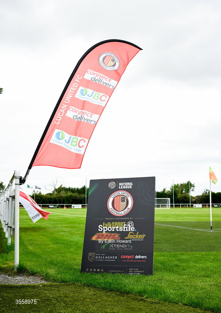 5 September 2026; Sponsorship logos are seen before the FAI National League match between Lucan United and Mervue United at Copper Face Jacks Park in Dublin. Photo by Eakin Howard/Sportsfile