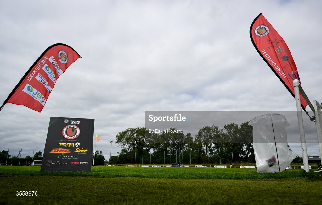 5 September 2026; Sponsorship logos are seen before the FAI National League match between Lucan United and Mervue United at Copper Face Jacks Park in Dublin. Photo by Eakin Howard/Sportsfile
