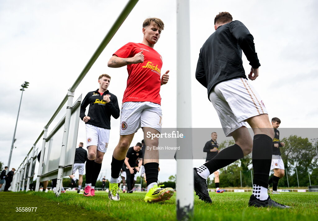 5 September 2026; Josh Stapleton of Lucan United warms up before the FAI National League match between Lucan United and Mervue United at Copper Face Jacks Park in Dublin. Photo by Eakin Howard/Sportsfile